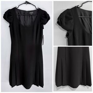 Tahari Size 2 Pleated Detail Puff Sleeves Black Juan Midi Dress NWT